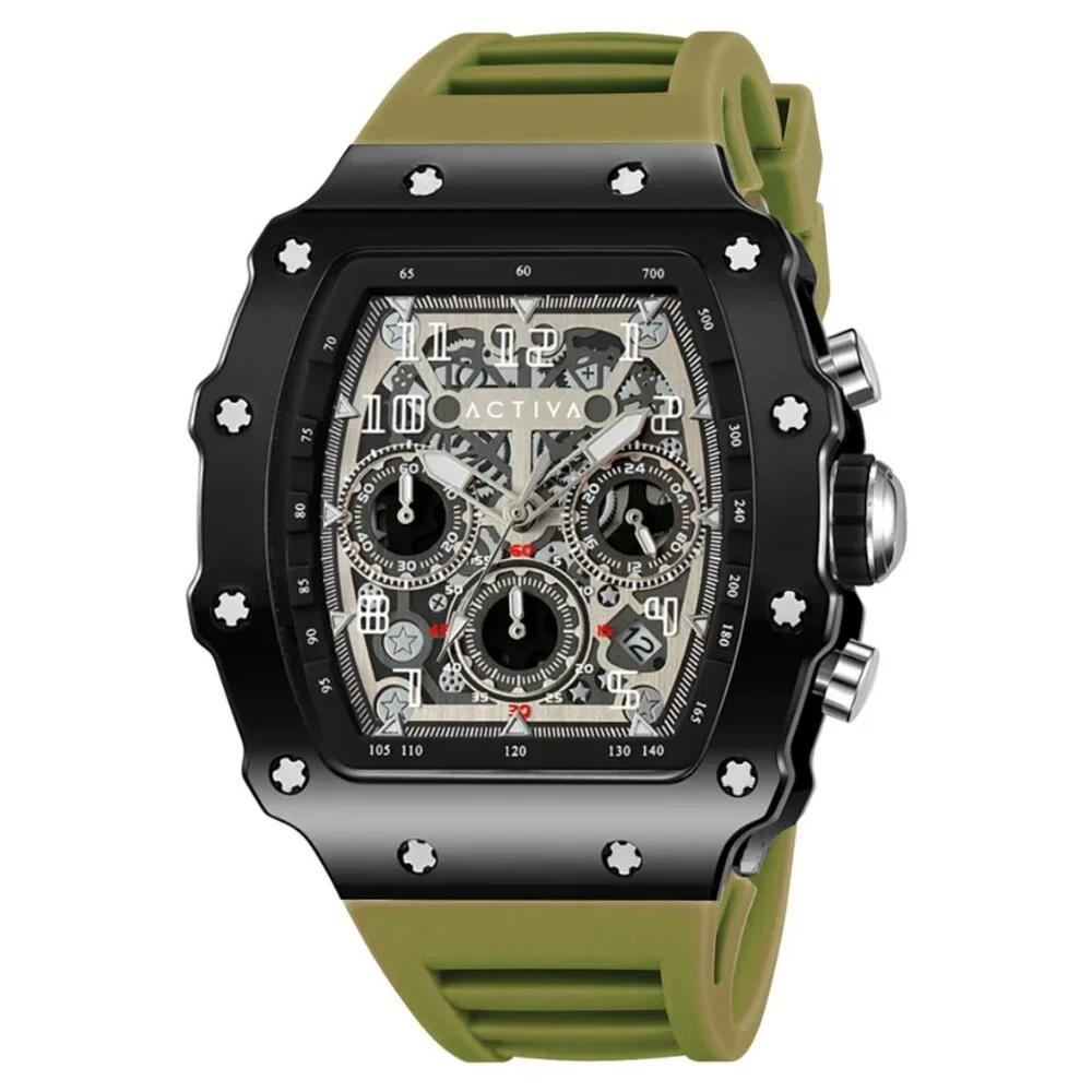 Activa Men's Skeleton Dial Watch Green Band Black Case 44.3mm ACW2305-011 NIB
